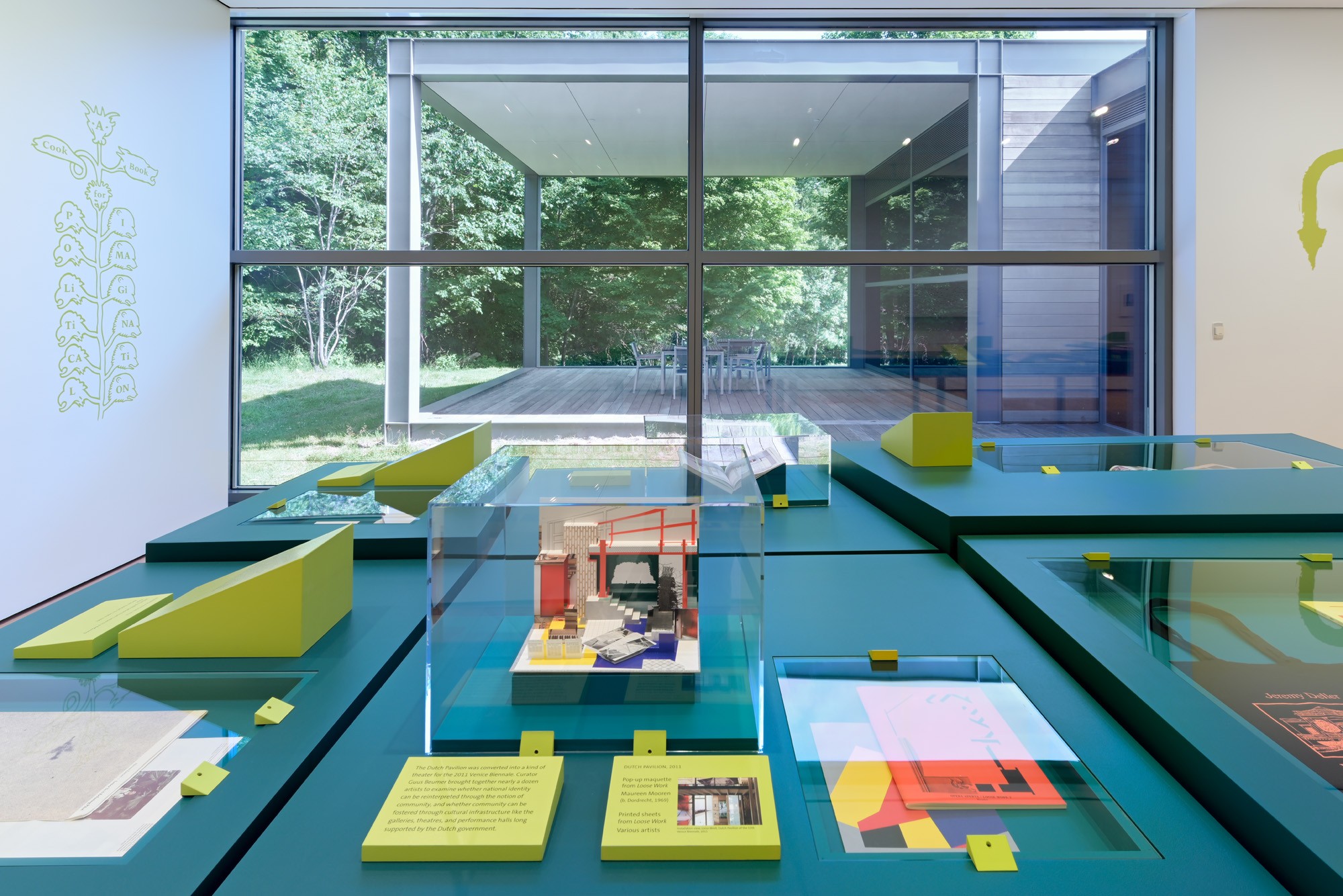 A view of cases holding art objects in