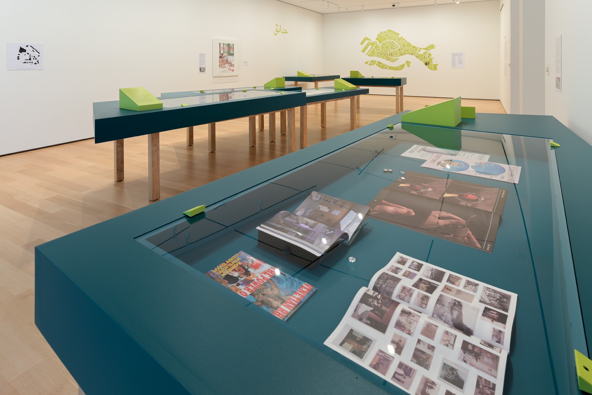 A view of cases holding art objects in
