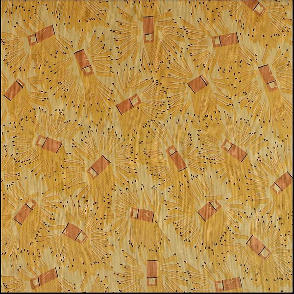 A repeating pattern of matches and matchboxes printed in oranges, yellows, and black