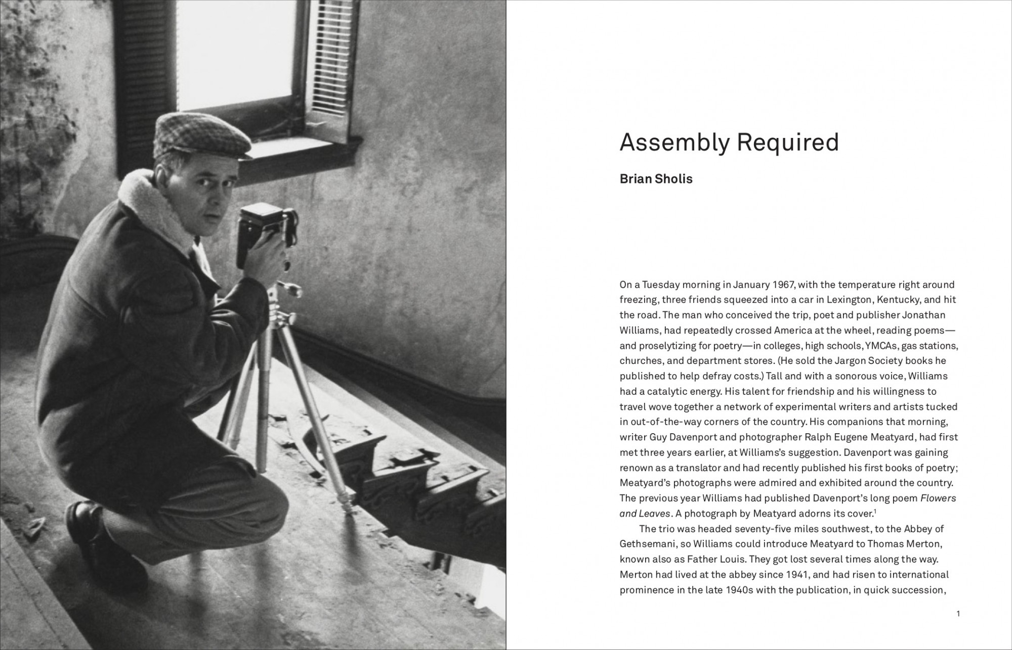 A spread from Kentucky Renaissance that includes a James Baker Hall photograph of Ralph Eugene Meatyard squatting to take a picture in an abandoned building.