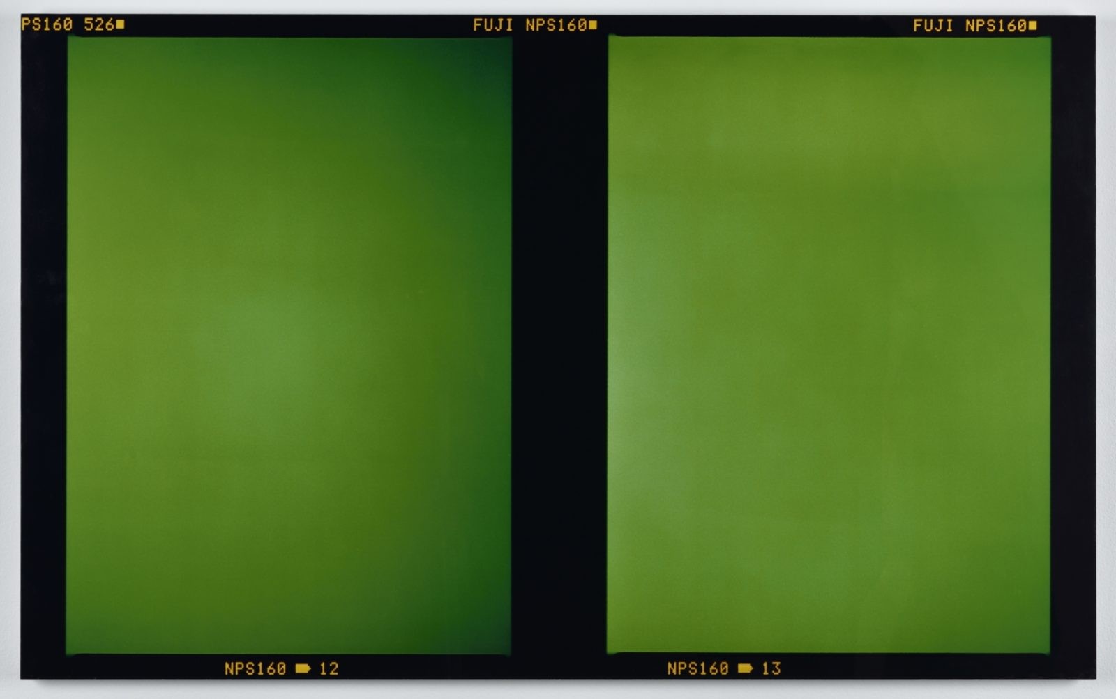 Two monochrome images of green screens with the edges of the film visible