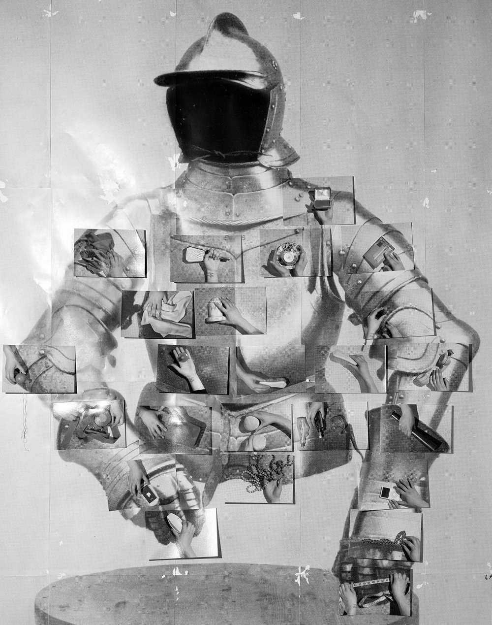 Sara Cwynar's Armor (2017), in which a black-and-white picture of a suit of armor is overlaid with many smaller images.