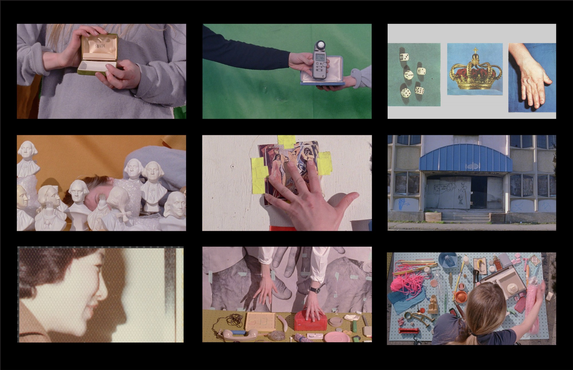 A grid of nine stills from Sara Cwynar's 2016 film Soft Film, several of which depict hands manipulating objects.